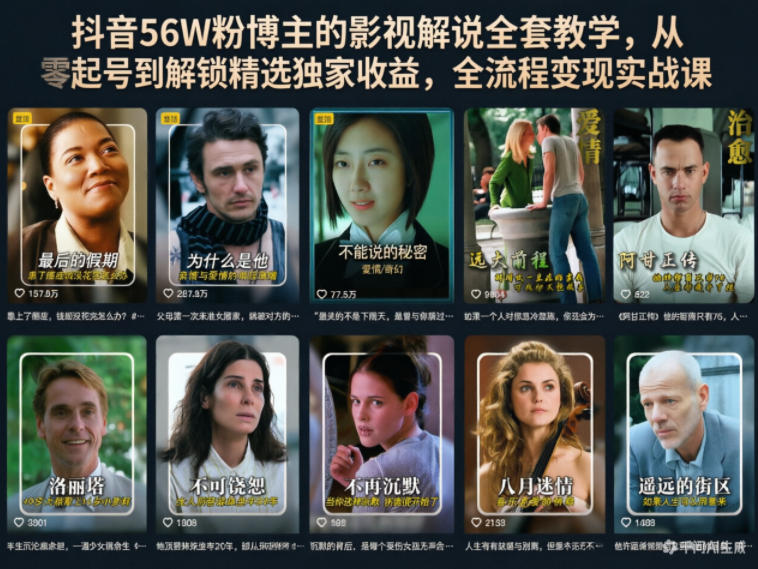 抖音56W粉博主的影视解说全套教学，从零起号到解锁精选独家收益，全流程变现实战课 - 91副业网-91副业网