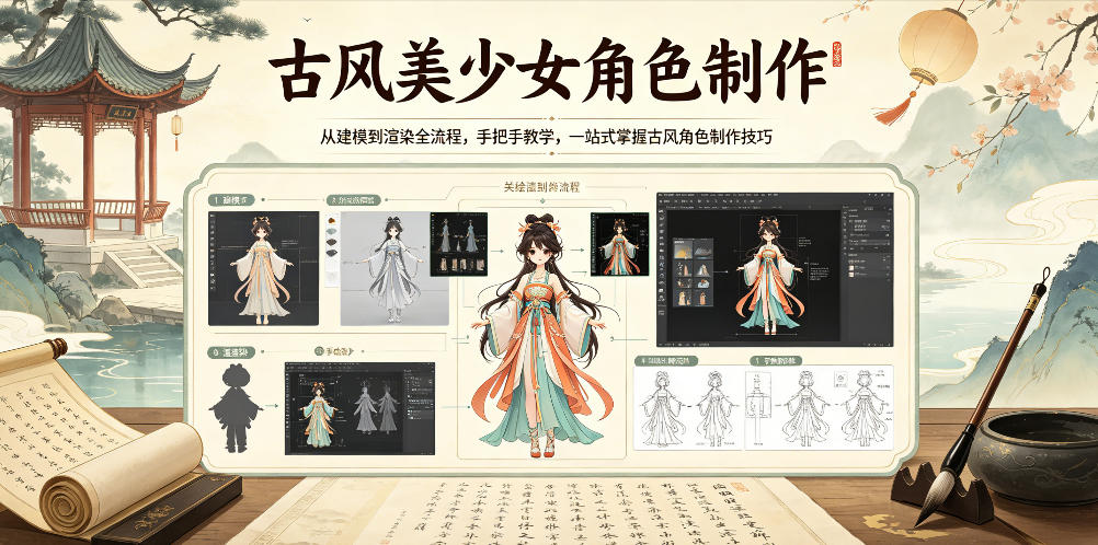 古风美少女角色制作，从建模到渲染全流程，手把手教学，一站式掌握古风角色制作技巧 - 91副业网-91副业网