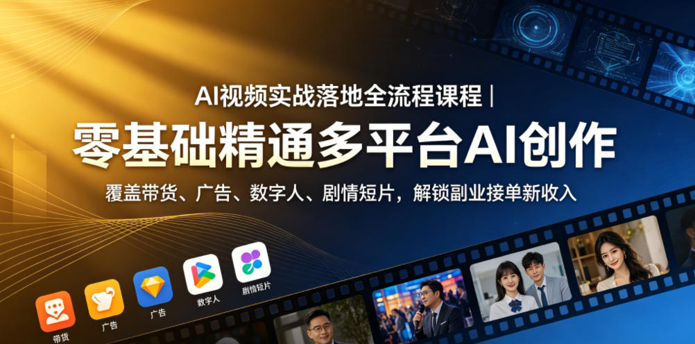 AI视频实战落地全流程课程|零基础精通多平台AI创作,覆盖带货、广告、数字人、剧情短片,解锁副业接单新收入-91副业网