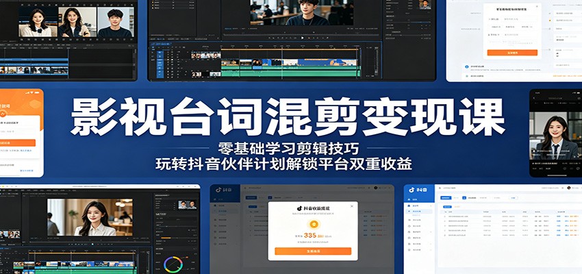 影视台词混剪变现课：零基础学习剪辑技巧，玩转抖音伙伴计划解锁平台双重收益-91副业网