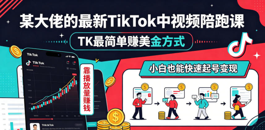 某大佬的最新TikTok中视频陪跑课，TK最简单賺美金方式，靠播放量賺钱，小白也能快速起号变现 - 91副业网-91副业网
