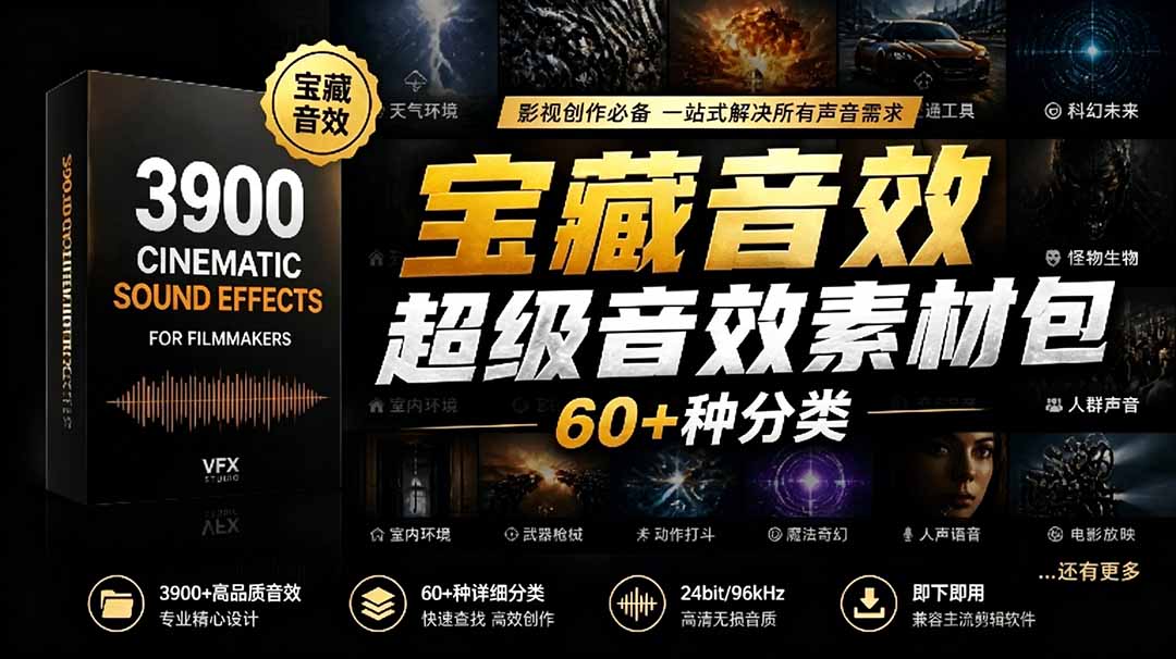 宝藏音效合集包!60+多种音效分类,共计3900个,分类清晰,全中文分类,高品质剪辑音效素材包-91副业网