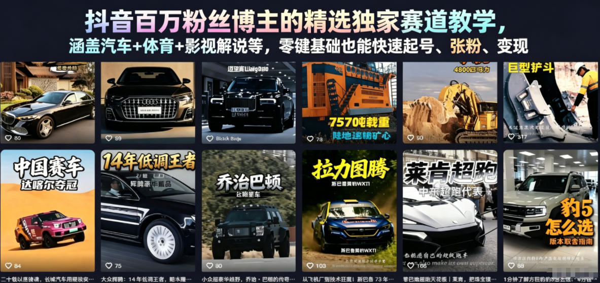 抖音百万粉丝博主的精选独家赛道教学，涵盖汽车+体育+影视解说等，零基础也能快速起号、涨粉、变现 - 91副业网-91副业网