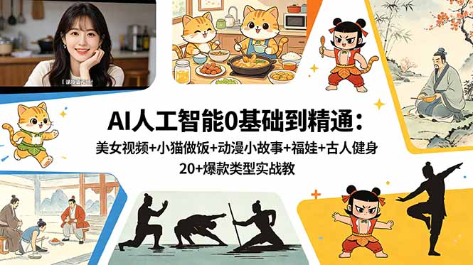 AI人工智能0基础到精通：美女视频+小猫做饭+动漫小故事+福娃+古人健身，20+爆款类型实战教学-91副业网