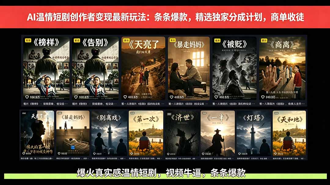 AI温情短剧创作者变现最新玩法：视频牛逼，条条爆款，精选独家分成计划，商单收徒-91副业网