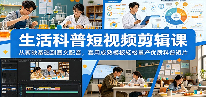 生活科普短视频剪辑课：从剪映基础到图文配音，套用成熟模板轻松量产优质科普短片-91副业网