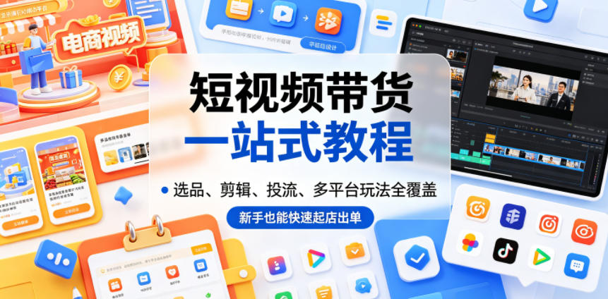 短视频带货一站式教程，选品、剪辑、投流、多平台玩法全覆盖，新手也能快速起店出单-91副业网