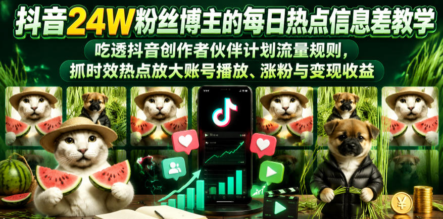 抖音24W粉丝博主的每日热点信息差教学，吃透创作者伙伴计划流量规则，抓时效热点放大账号播放、涨粉与变现收益-91副业网
