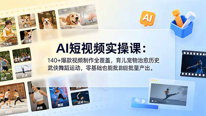 AI短视频实操课:140+爆款视频制作全覆盖,育儿宠物治愈历史武侠舞蹈运动,零基础也能批量产出-91副业网