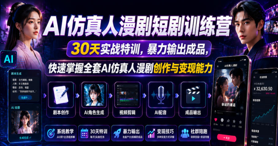 AI仿真人漫剧短剧训练营，30天实战特训，暴力输出成品，快速掌握全套AI仿真人漫剧创作与变现能力-91副业网