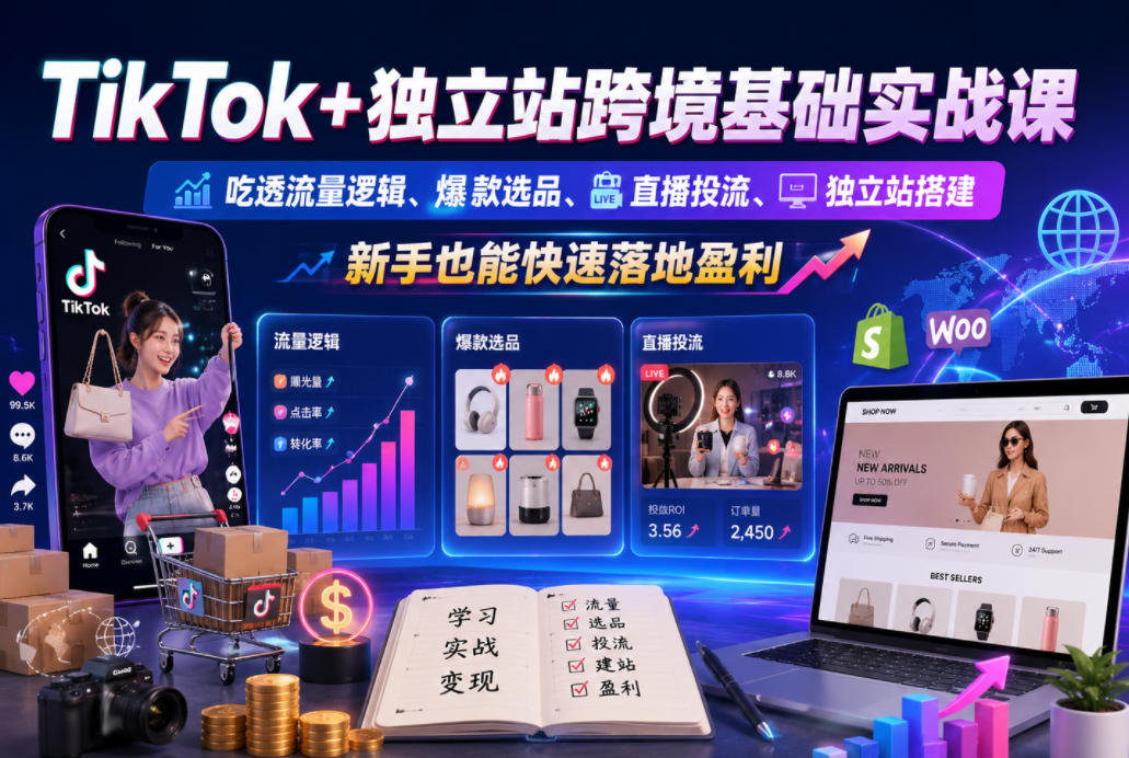 TikTok+独立站跨境基础实战课，吃透流量逻辑、爆款选品、直播投流与独立站搭建，新手也能快速落地盈利-91副业网