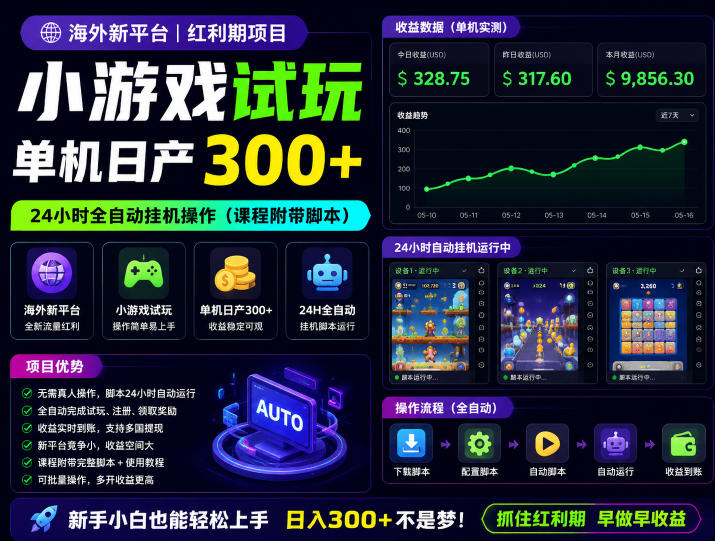 海外新平台，小游戏试玩，单机日产300+，24小时全自动挂G操作(课程附带脚本)【揭秘】-91副业网