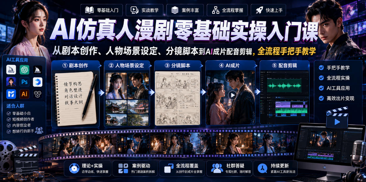 AI仿真人漫剧零基础实操入门课,从剧本创作、人物场景设定、分镜脚本到AI成片配音剪辑,全流程手把手教学-91副业网