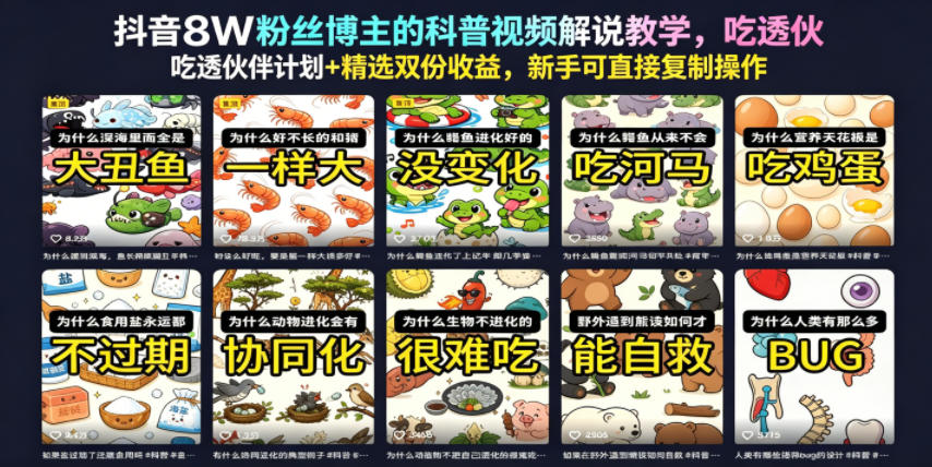 抖音8W粉丝博主的科普视频解说教学，吃透伙伴计划+精选双份收益，新手可直接复制操作-91副业网