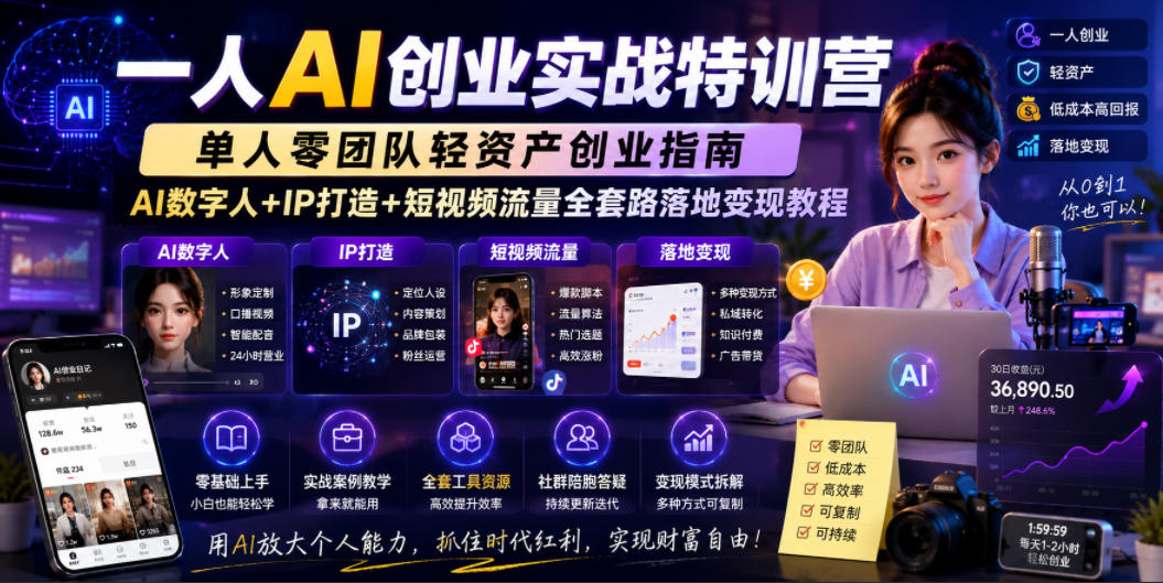 一人AI创业实战特训营,单人零团队轻资产创业指南,AI数字人+IP打造+短视频流量全套路落地变现教程-91副业网