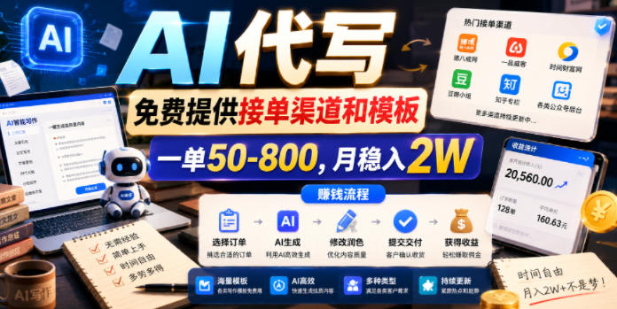 AI代写,免费提供接单渠道和模板,一单50-800,月稳入2W【揭秘】-91副业网