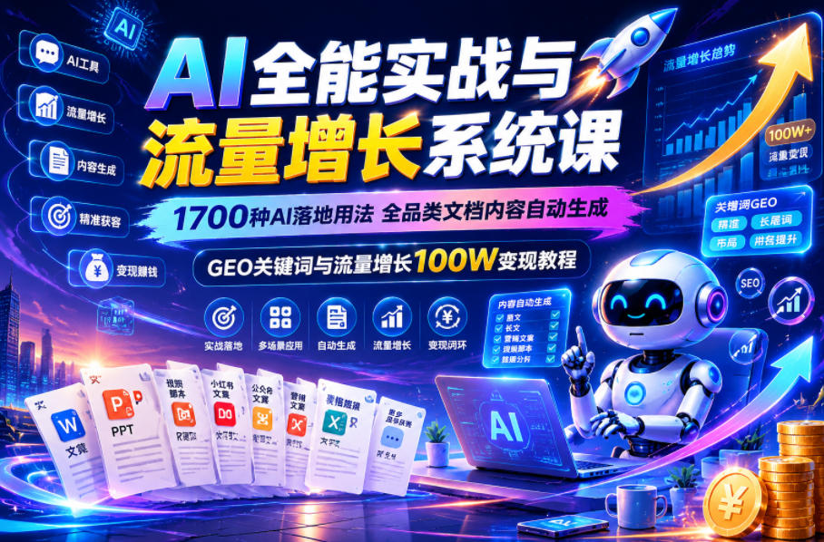 AI全能实战与流量增长系统课,1700种AI落地用法,全品类文档内容自动生成,GEO关键词与流量增长100W变现教程-91副业网