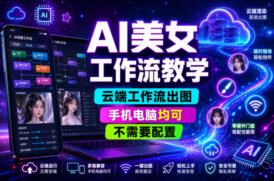 AI美女工作流教学，云端工作流出图，手机电脑均可，不需要配置，快速起号涨粉-91副业网