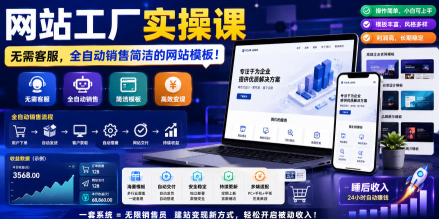 网站工厂实操课，无需客服，网站模板自动赚钱！【原创双语字幕】-91副业网