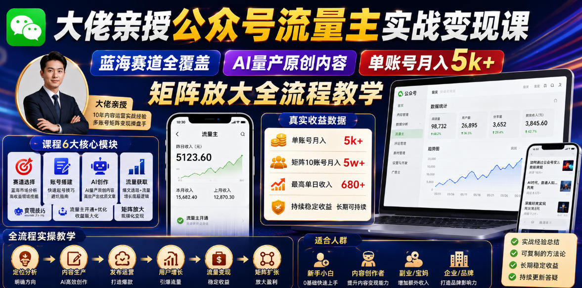 大佬亲授公众号流量主实战变现课,蓝海赛道全覆盖,AI量产原创内容,单账号月入5k+矩阵放大全流程教学-91副业网