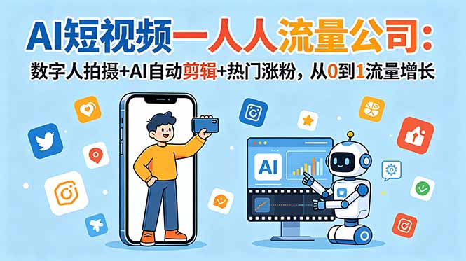 AI短视频一人流量公司:数字人拍摄+AI自动剪辑+热门涨粉,从0到1流量增长-91副业网