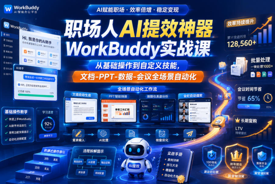 职场人AI提效神器WorkBuddy实战课，从基础操作到自定义技能，文档-PPT-数据-会议全场景自动化-91副业网