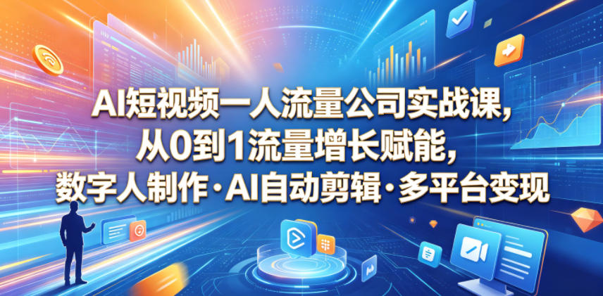 AI短视频一人流量公司实战课，从0到1流量增长赋能，数字人制作・AI自动剪辑・多平台变现，一人做流量生意全落地教程-91副业网