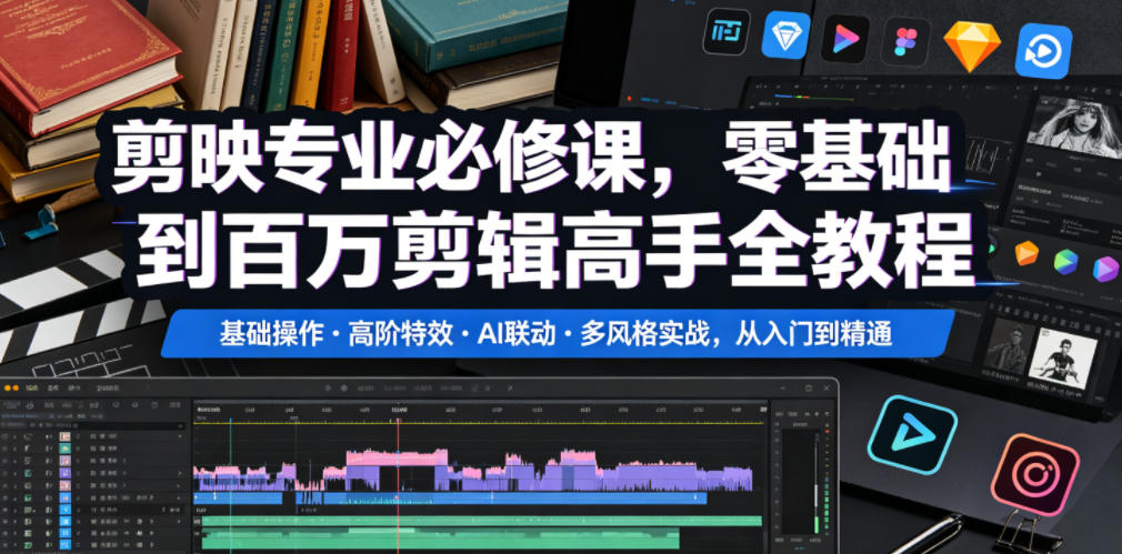 剪映专业必修课，零基础到百万剪辑高手全教程，基础操作・高阶特效・AI联动・多风格实战，从入门到精通-91副业网