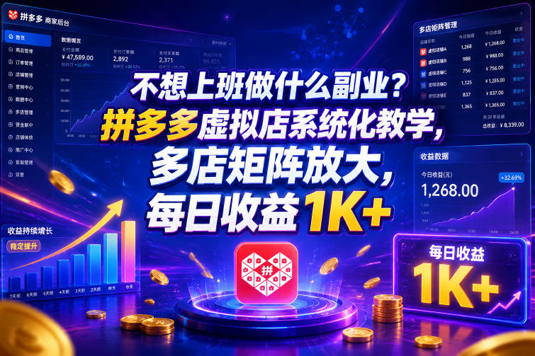 不想上班做什么副业?拼多多虚拟店系统化教学,多店矩阵放大,每日收益1K+【揭秘】-91副业网