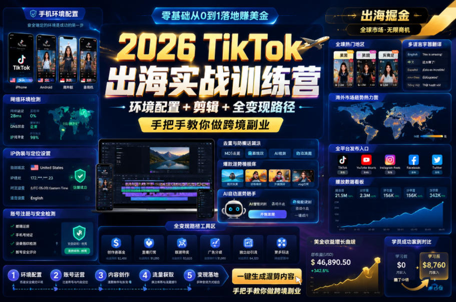 2026 TikTok出海实战训练营,环境配置 + 剪辑 + 全变现路径,手把手教你做跨境副业-91副业网
