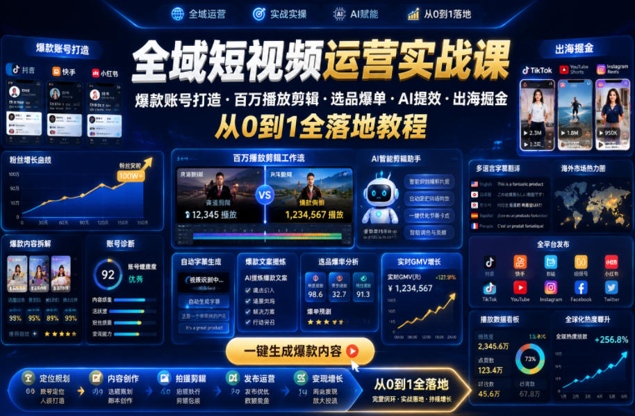 全域短视频运营实战课,爆款账号打造・百万播放剪辑・选品爆单・AI提效・出海掘金,从0到1全落地教程-91副业网