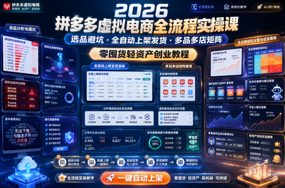 2026拼多多虚拟电商全流程实操课,选品避坑・全自动上架发货・多品多店矩阵,零囤货轻资产创业教程-91副业网