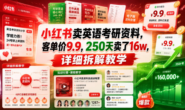 小红书卖英语考研资料，客单价9.9，250天卖了16w，详细拆解教学-91副业网