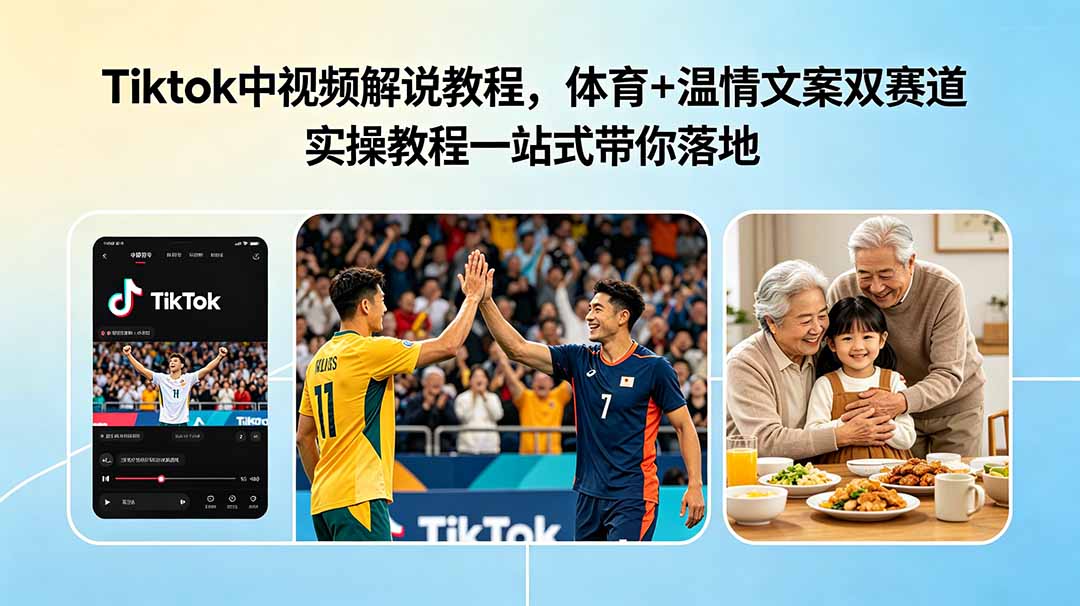 Tiktok中视频解说教程,体育+温情文案双赛道实操教程一站式带你落地-91副业网