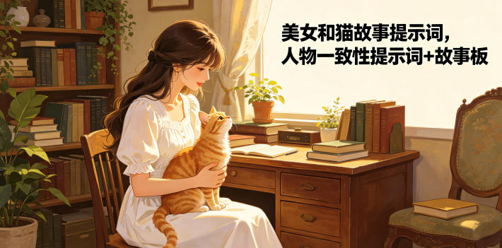 美女和猫故事提示词,人物一致性提示词+故事板-91副业网