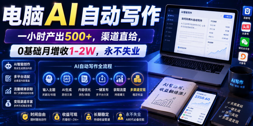 电脑AI自动写作，一小时产出500+，渠道直给，0基础月增收1-2W，永不失业【揭秘】-91副业网