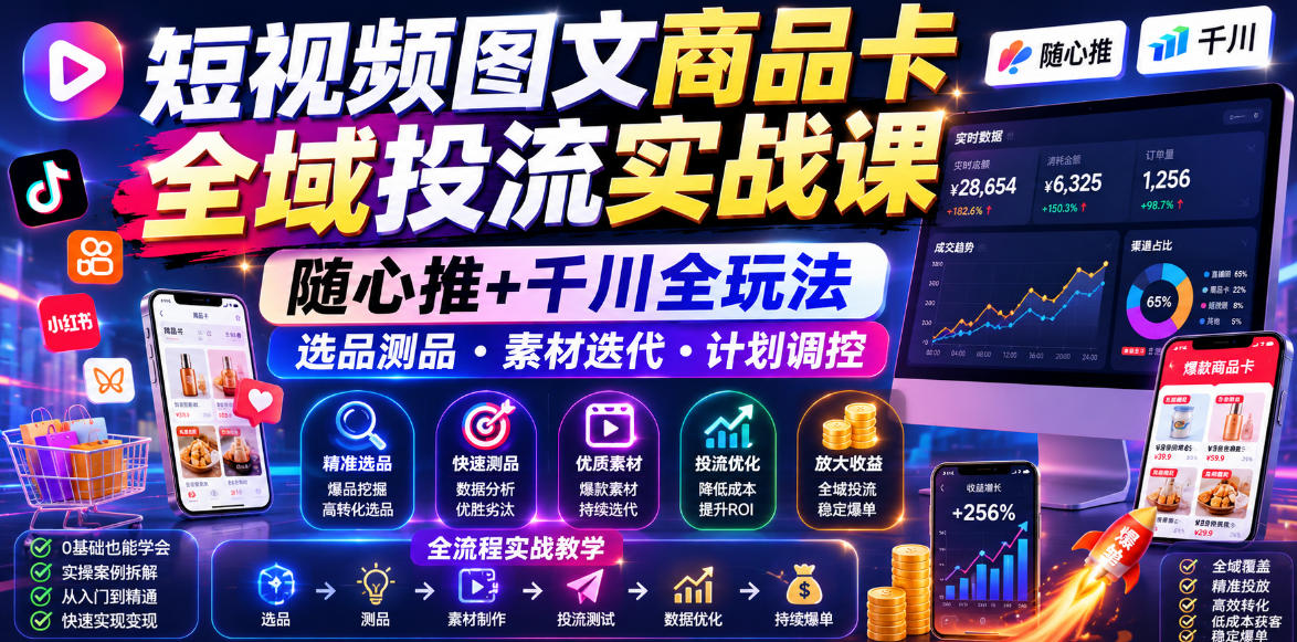 短视频图文商品卡全域投流实战课，随心推+千川全玩法，选品测品・素材迭代・计划调控，提升ROI爆单增收教程-91副业网