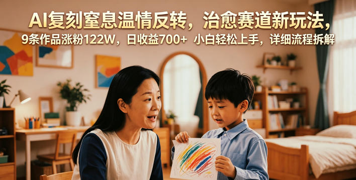 AI复刻窒息温情反转，治愈赛道新玩法，9条作品涨粉122W，日收益700+ 小白轻松上手，详细流程拆解-91副业网