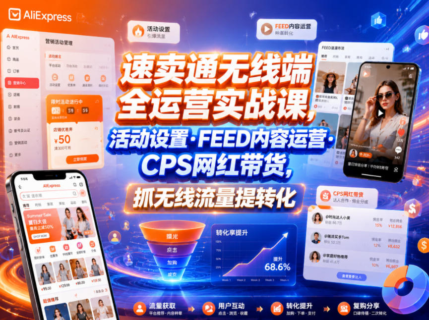 速卖通无线端全运营实战课，活动设置・FEED内容运营・CPS网红带货，抓无线流量提转化-91副业网
