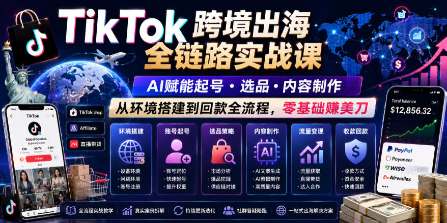 TikTok跨境出海全链路实战课，AI赋能起号・选品・内容制作，从环境搭建到回款全流程，零基础賺美刀-91副业网