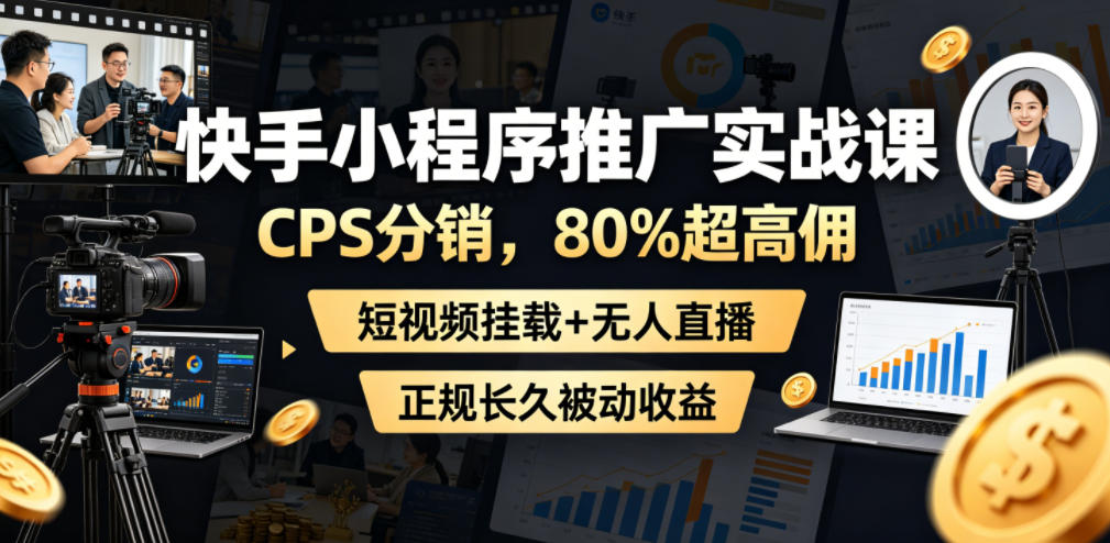 快手小程序推广实战课，CPS分销，80%超高佣，短视频挂载+无人直播，正规长久被动收益-91副业网