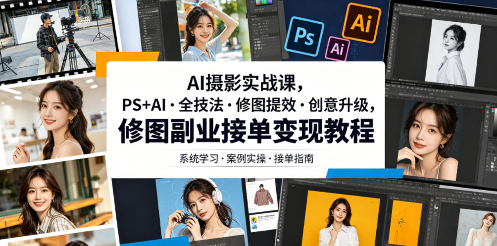 AI摄影实战课，PS+AI・全技法・修图提效・创意升级，修图副业接单变现教程-91副业网