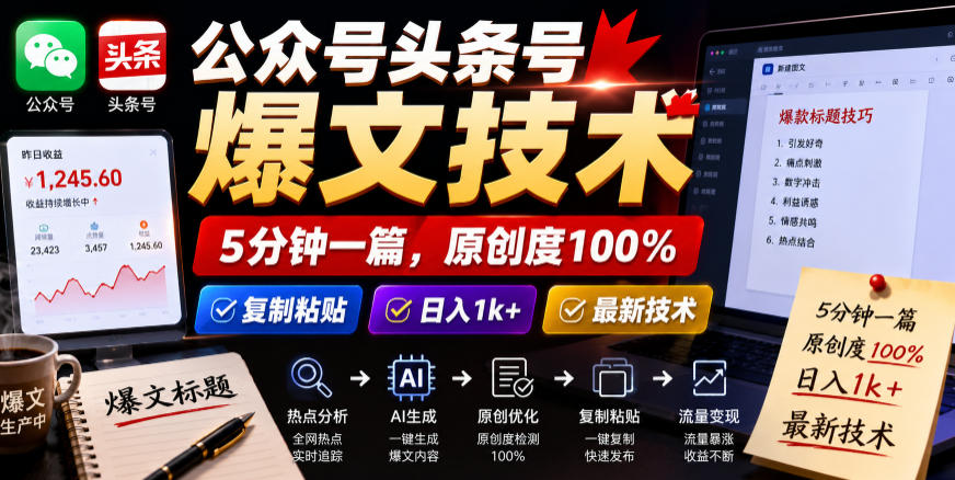 公众号头条号爆文技术,5分钟一篇,原创度100%,复制粘贴,日入1k+,最新技术【揭秘】-91副业网