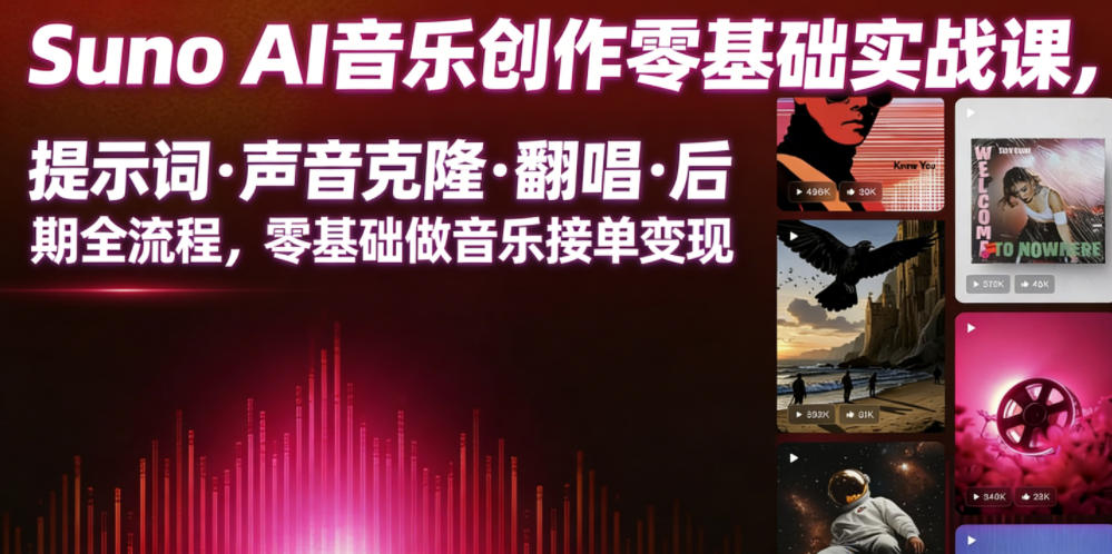 Suno AI音乐创作实战课，提示词・声音克隆・翻唱・后期全流程，零基础做音乐接单变现-91副业网