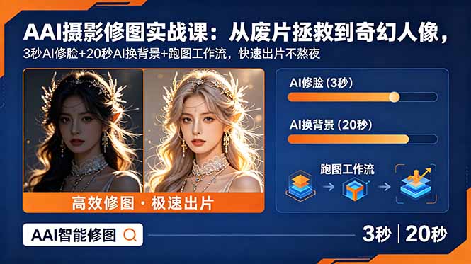 AI摄影修图实战课：从废片拯救 到 奇幻人像，3秒AI修脸+20秒AI换背景+跑图工作流，快速出片不熬夜-91副业网