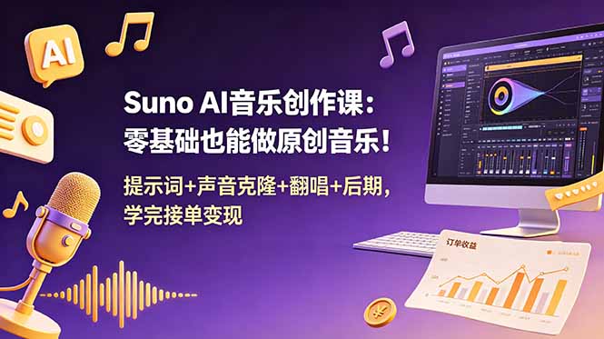 Suno AI音乐创作课：零基础也能做原创音乐！提示词+声音克隆+翻唱+后期，学完接单变现-91副业网