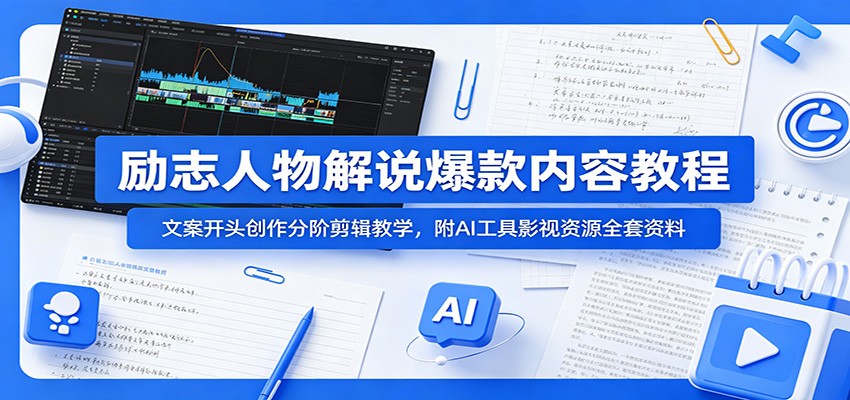 励志人物解说爆款内容教程：文案开头创作分阶剪辑教学，附AI 工具影视资源全套资料-91副业网
