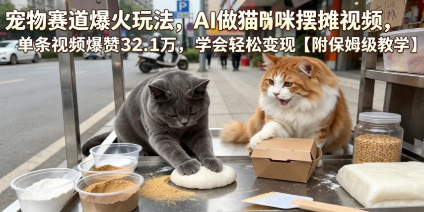 宠物赛道爆火玩法,AI做猫咪摆摊视频,单条视频爆赞32.1万,学会轻松变现【附保姆级教学】-91副业网