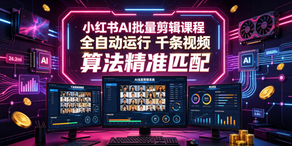 小红书AI批量剪辑课程,24小时全自动运行,解放双手专注运营,千条视频批量处理,小红书算法精准匹配-91副业网