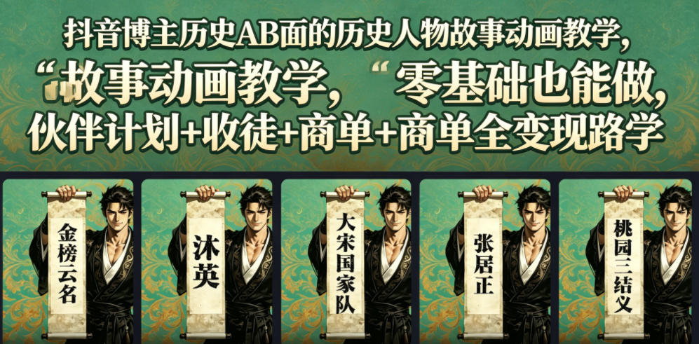 抖音博主历史AB面的历史人物故事动画教学,零基础也能做,伙伴计划+收徒+商单全变现路径教学-91副业网